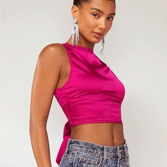 Solid Ruched Crop Satin Blouse - Picture 6 of 6